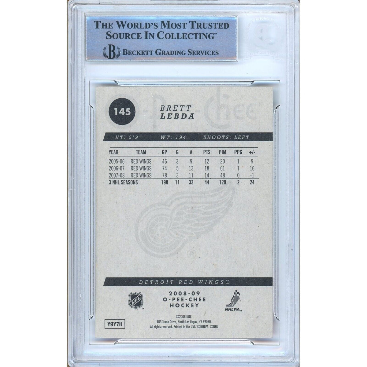 Brett Lebda Detroit Red Wings Signed Trading Card Beckett BAS