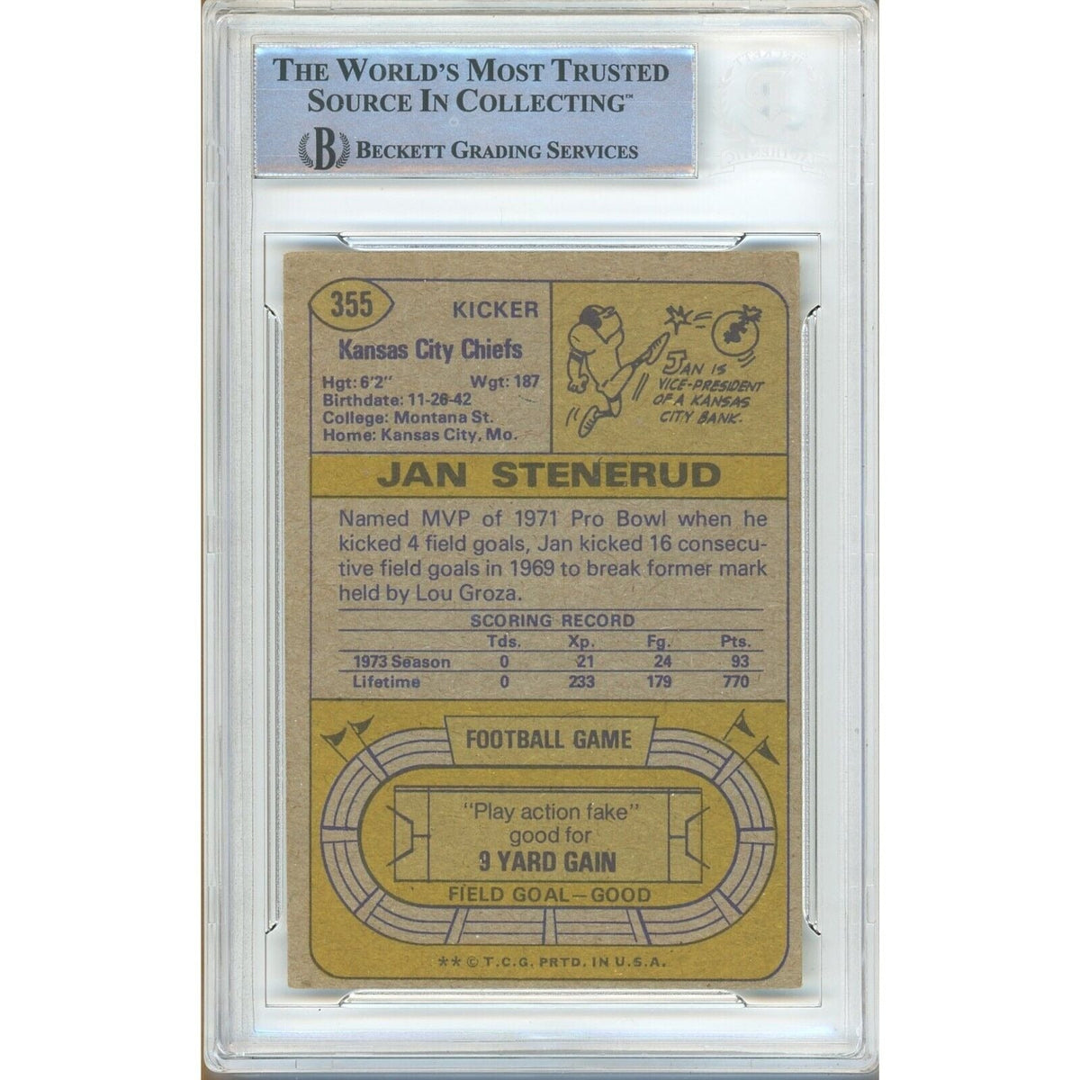 Jan Stenerud Kansas City Chiefs Signed Trading Card Beckett BAS