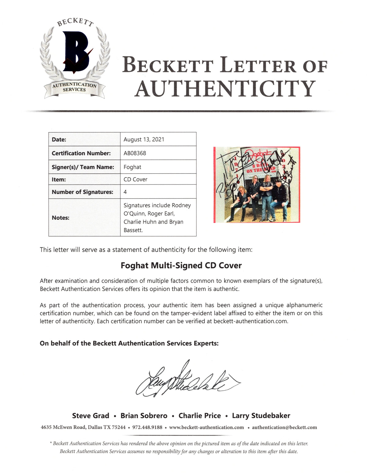 Foghat Band Signed Autograph Photo Beckett BAS