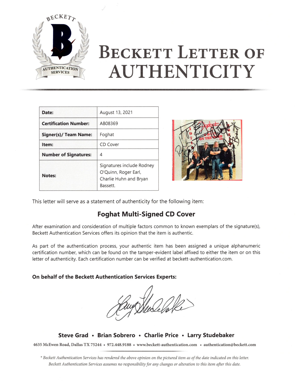 Foghat Band Autographed Signed Photo Beckett BAS