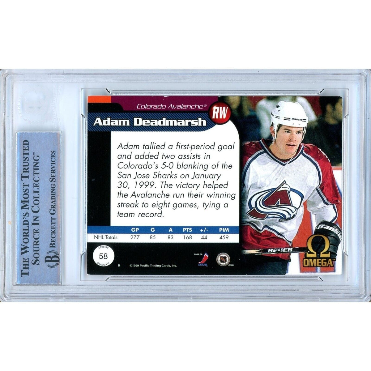Adam Deadmarsh Pacific Omega Autograph Trading Card Beckett BAS