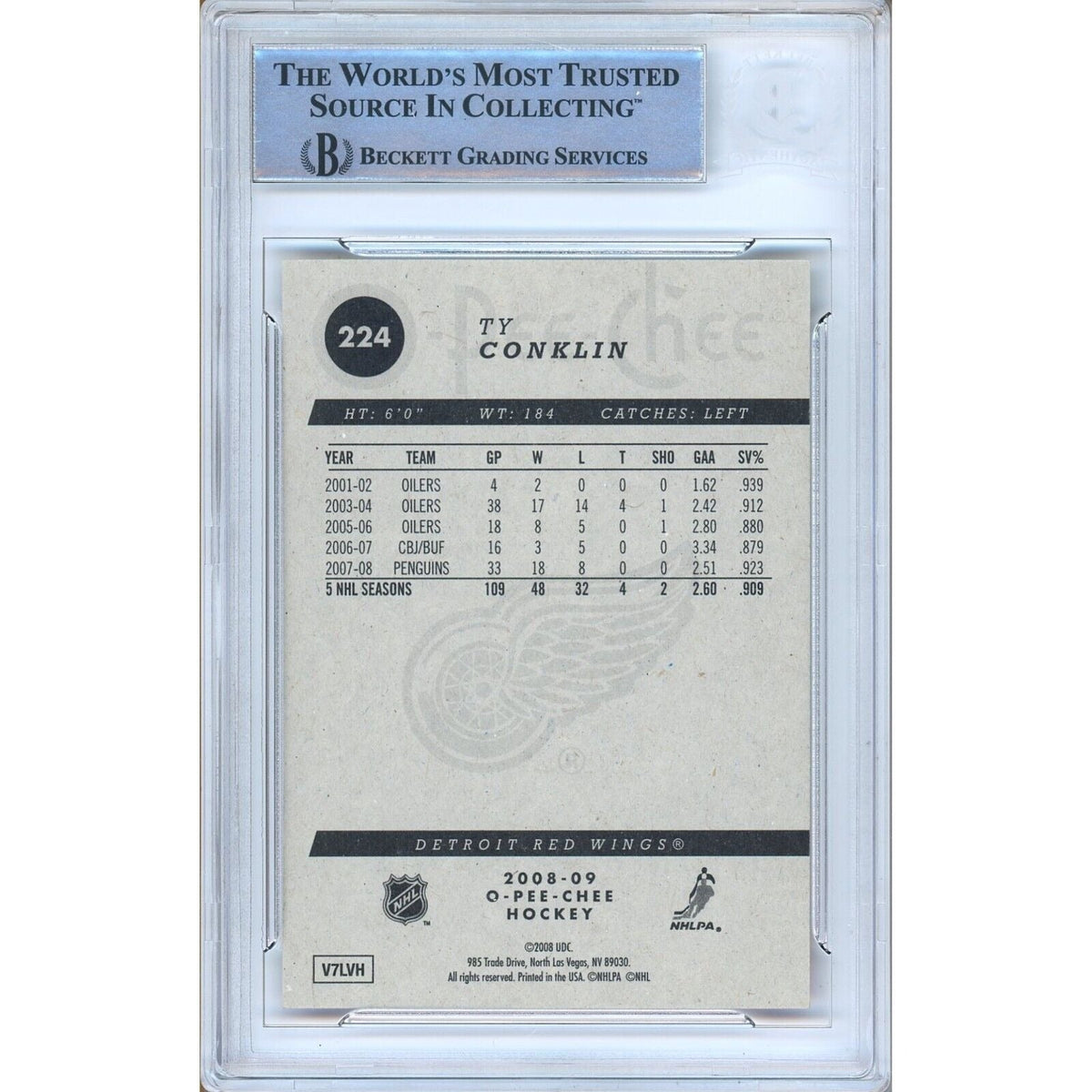 Ty Conklin Detroit Red Wings Signed Trading Card Beckett BAS