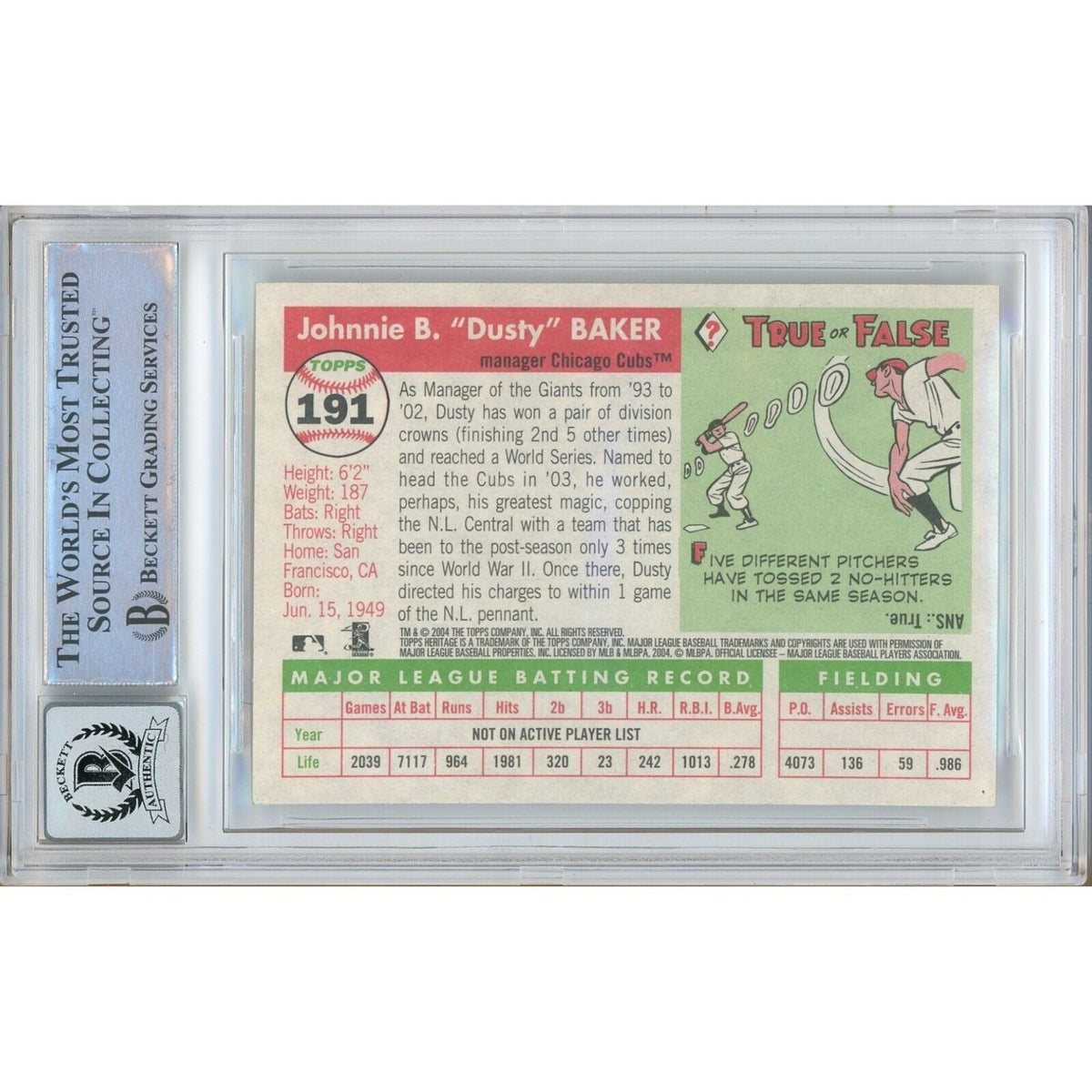Dusty Baker Chicago Cubs Los Autograph Trading Card Beckett BGS