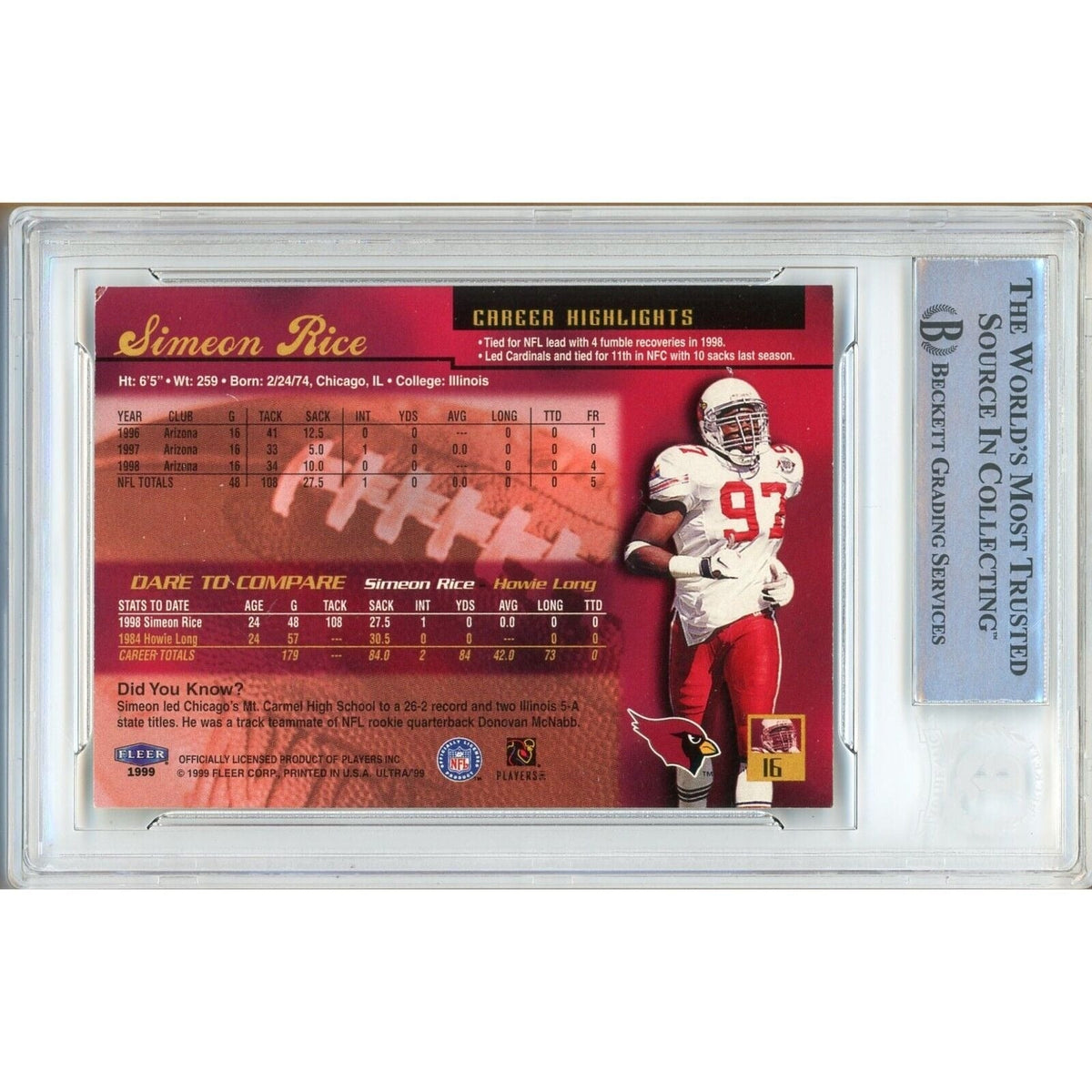 Simeon Rice Arizona Cardinals Signed Trading Card Beckett BAS