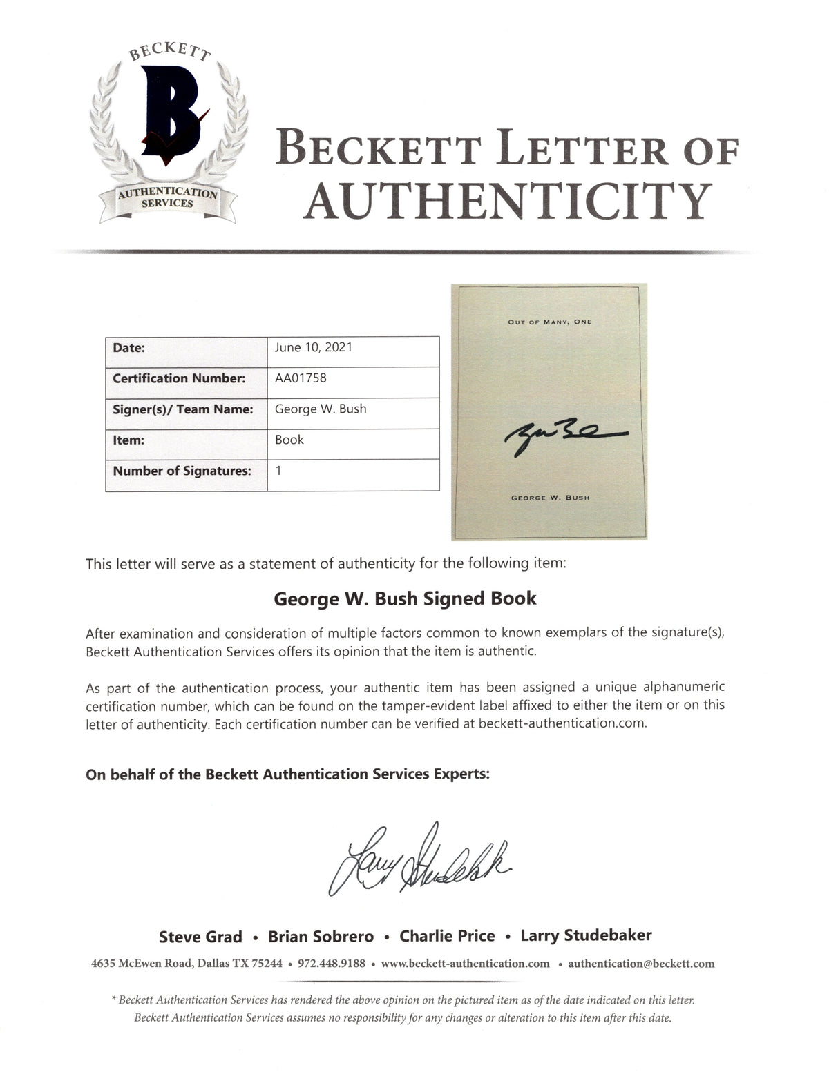 George Bush Autographed Out Auto Book Beckett BAS