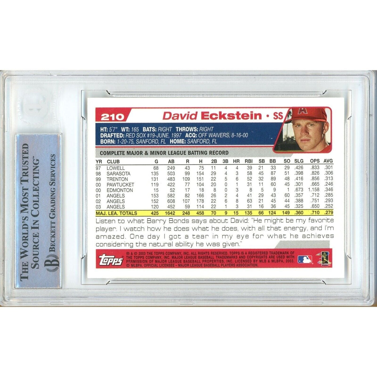 David Eckstein Anaheim Angels Autographed Signed Trading Card Beckett BAS