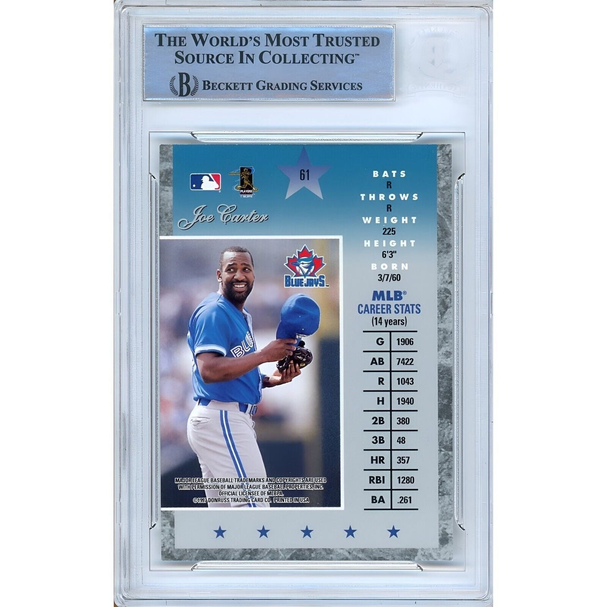Joe Carter Toronto Blue Jays Signed Trading Card Beckett BAS