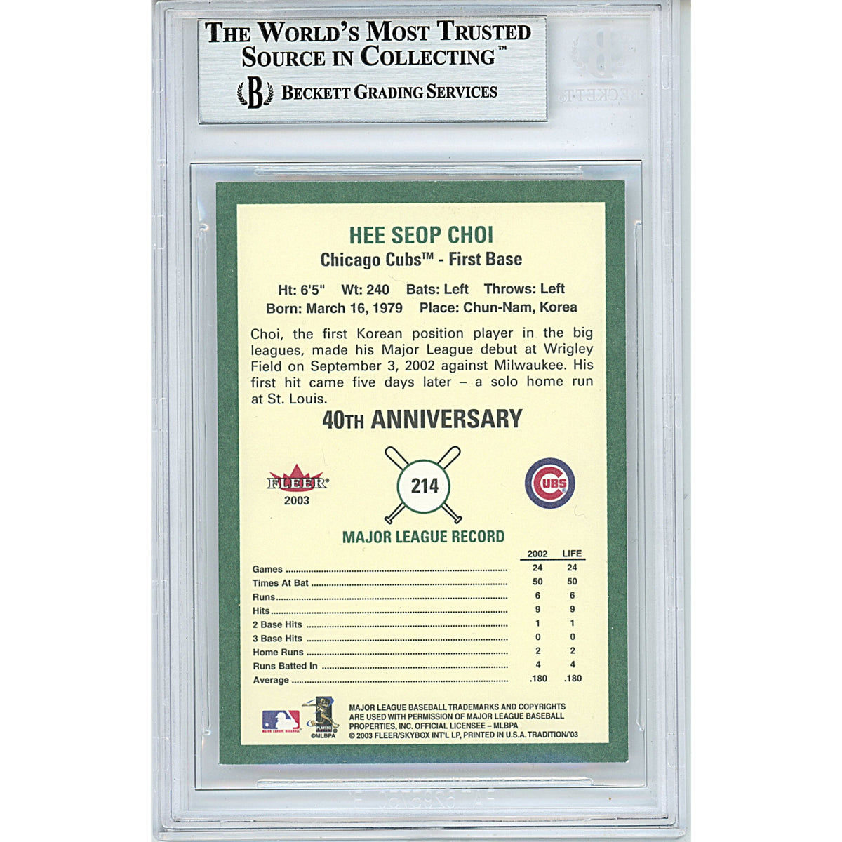 Hee Seop Fleer Tradition Signed Trading Card Beckett BGS