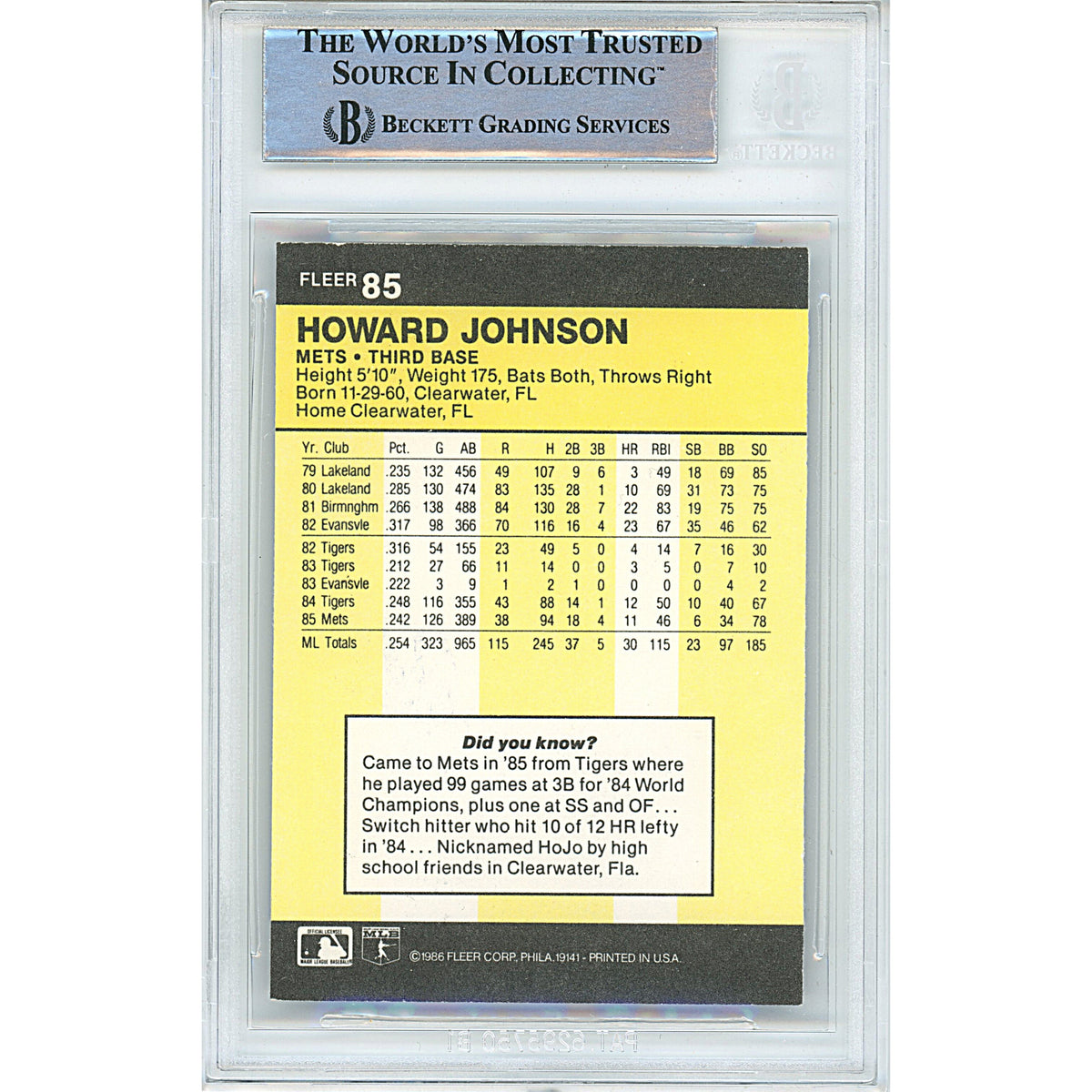 Howard Johnson New York Mets Signed Trading Card Beckett BGS