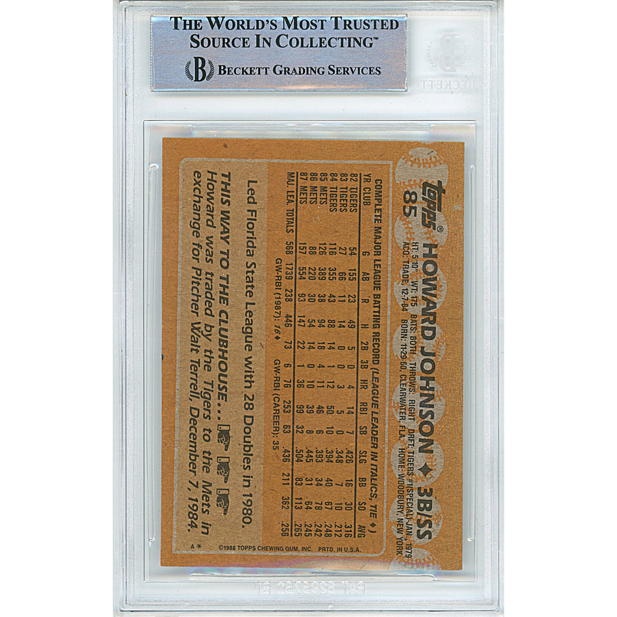 Howard Johnson New York Mets Autograph Trading Card Beckett BGS