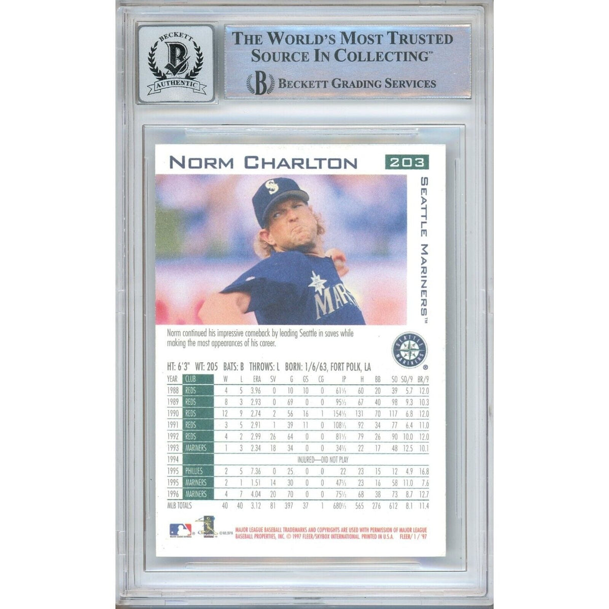 Norm Charlton Seattle Mariners Signed Trading Card Beckett BGS