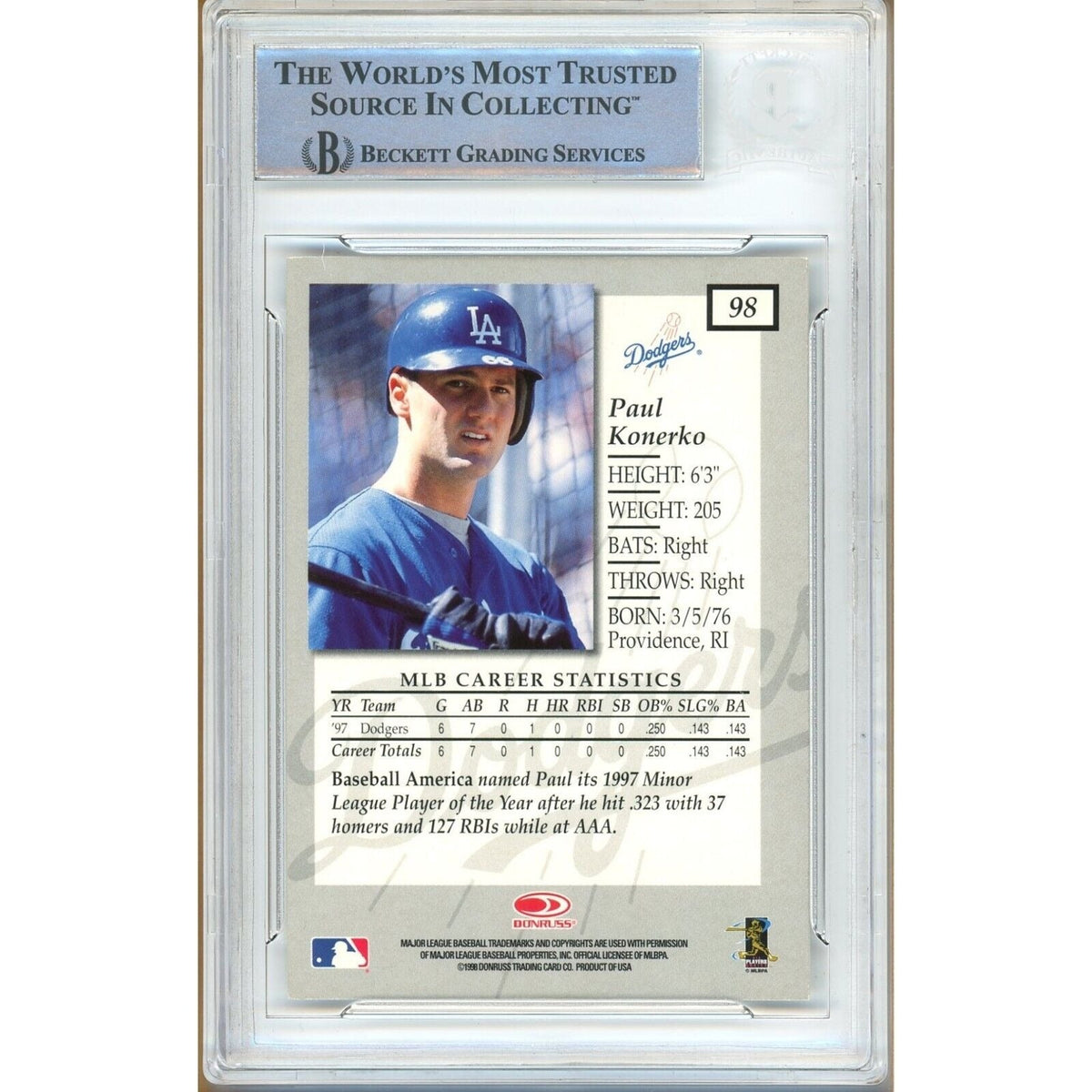 Paul Konerko Los Angeles Dodgers Signed Trading Card Beckett BAS