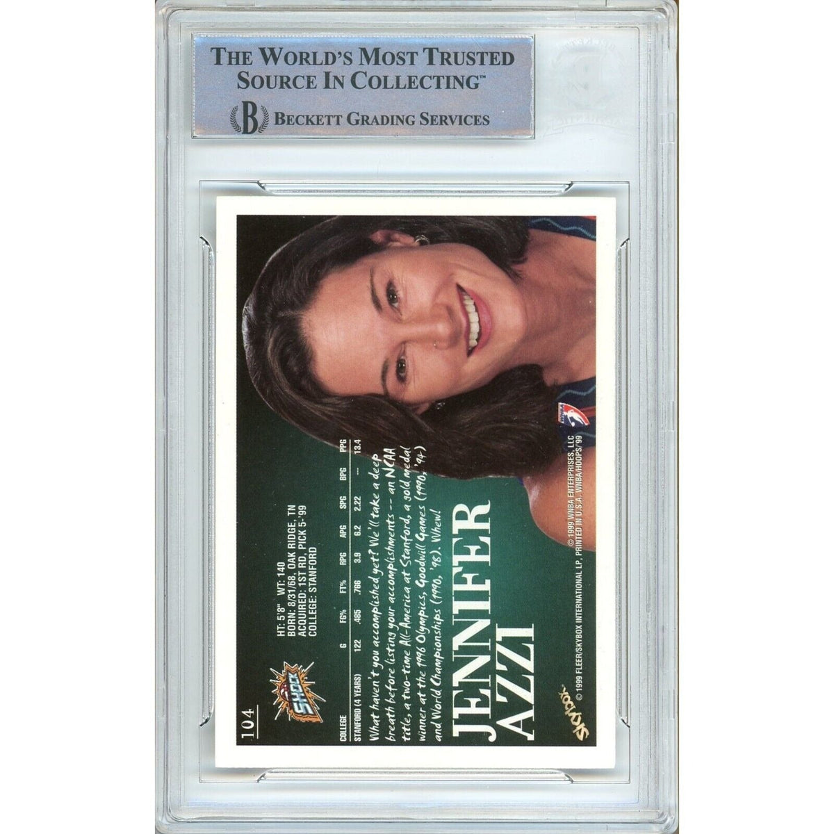 Jennifer Azzi Detroit Shock Autographed Autograph Trading Card Beckett BAS