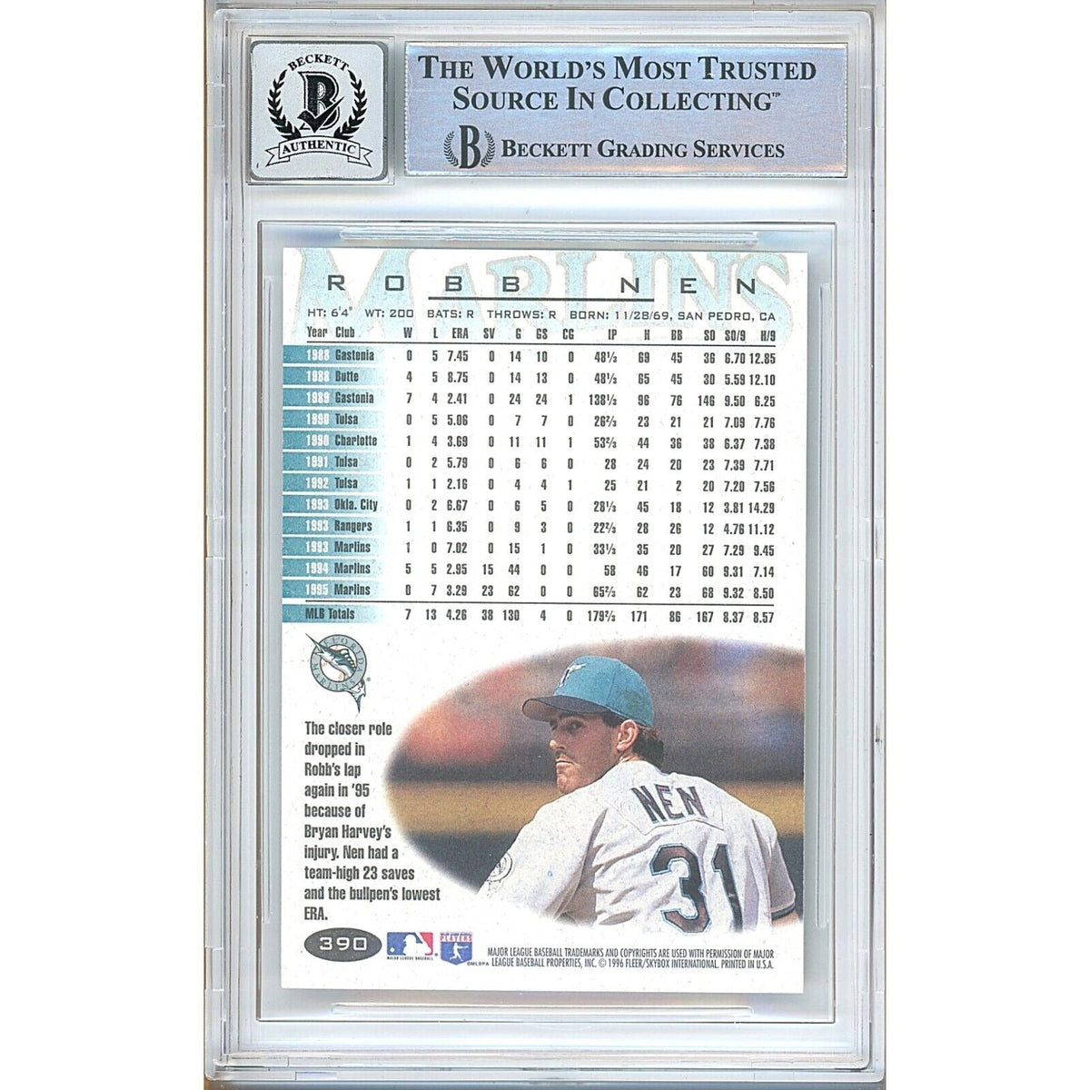 Robb Nen Florida Marlins Signed Trading Card Beckett BGS