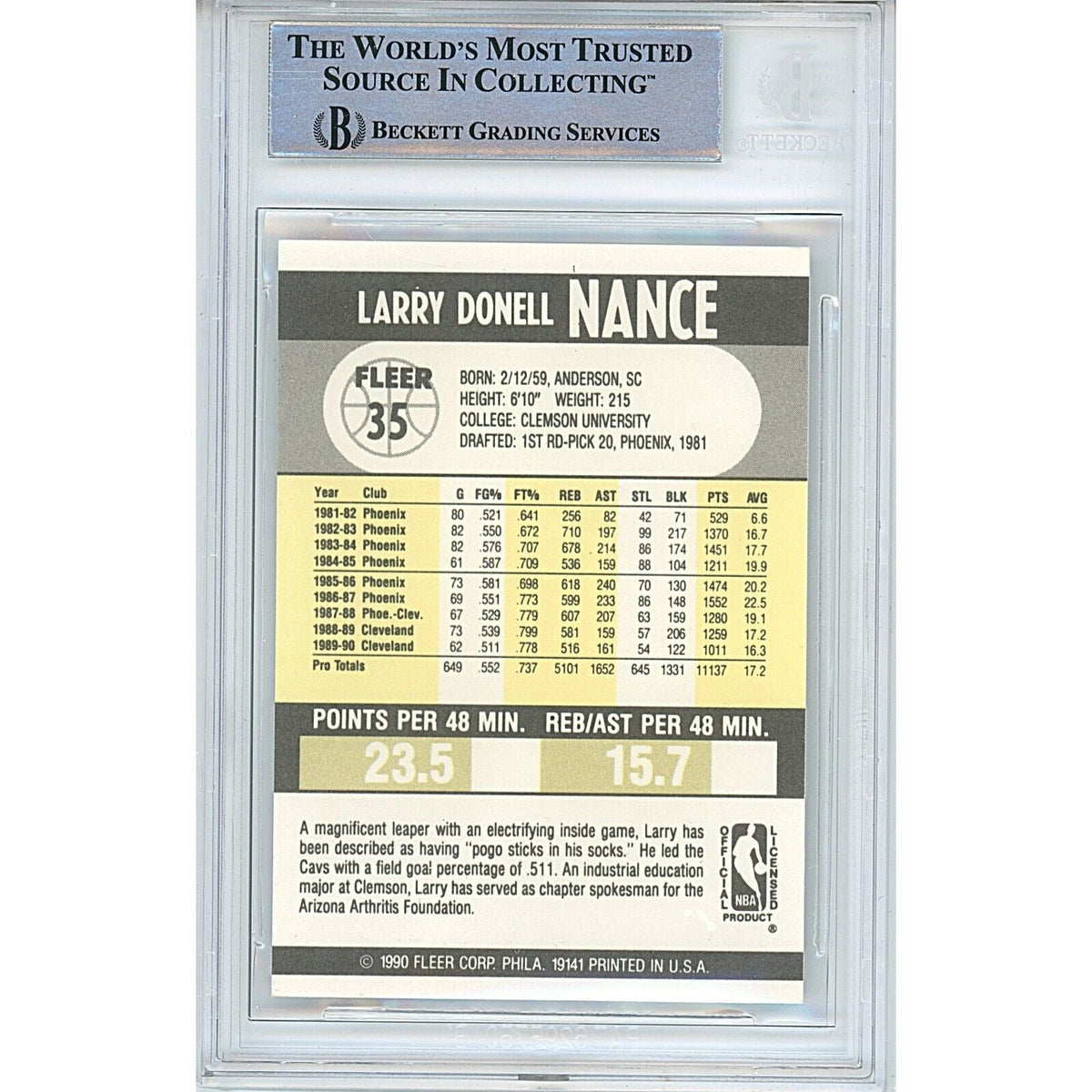 Larry Nance Cleveland Cavailiers Autographed Signed Trading Card Beckett BAS