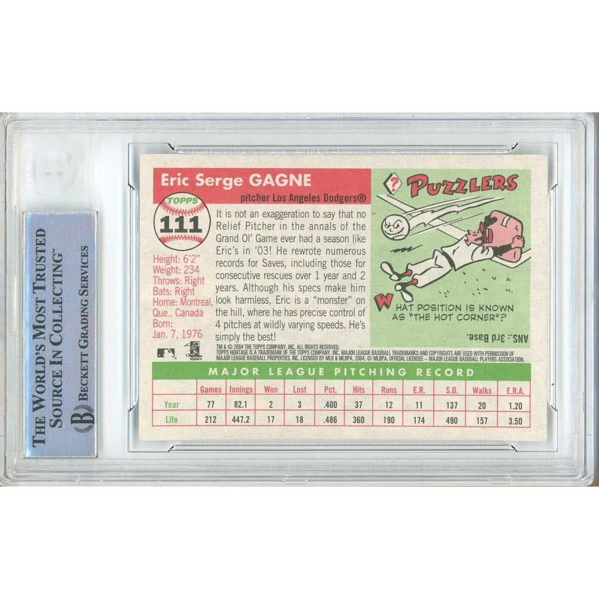 Eric Gagne Topps Heritage Autograph Trading Card Beckett BAS