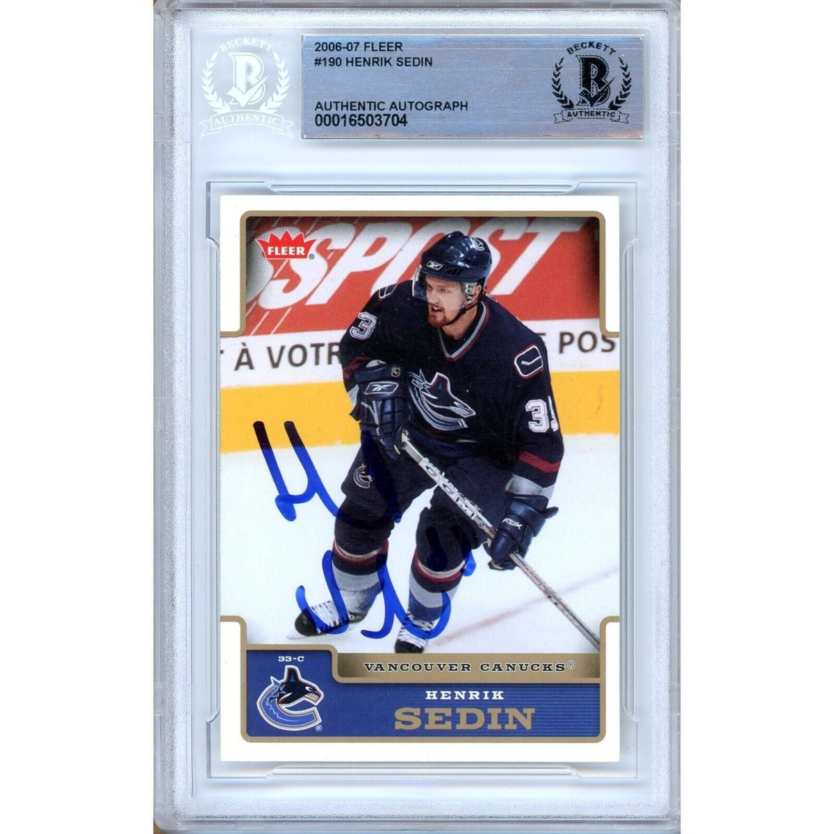 Henrik Sedin Vancouver Canucks Autographed Trading Card Beckett BAS