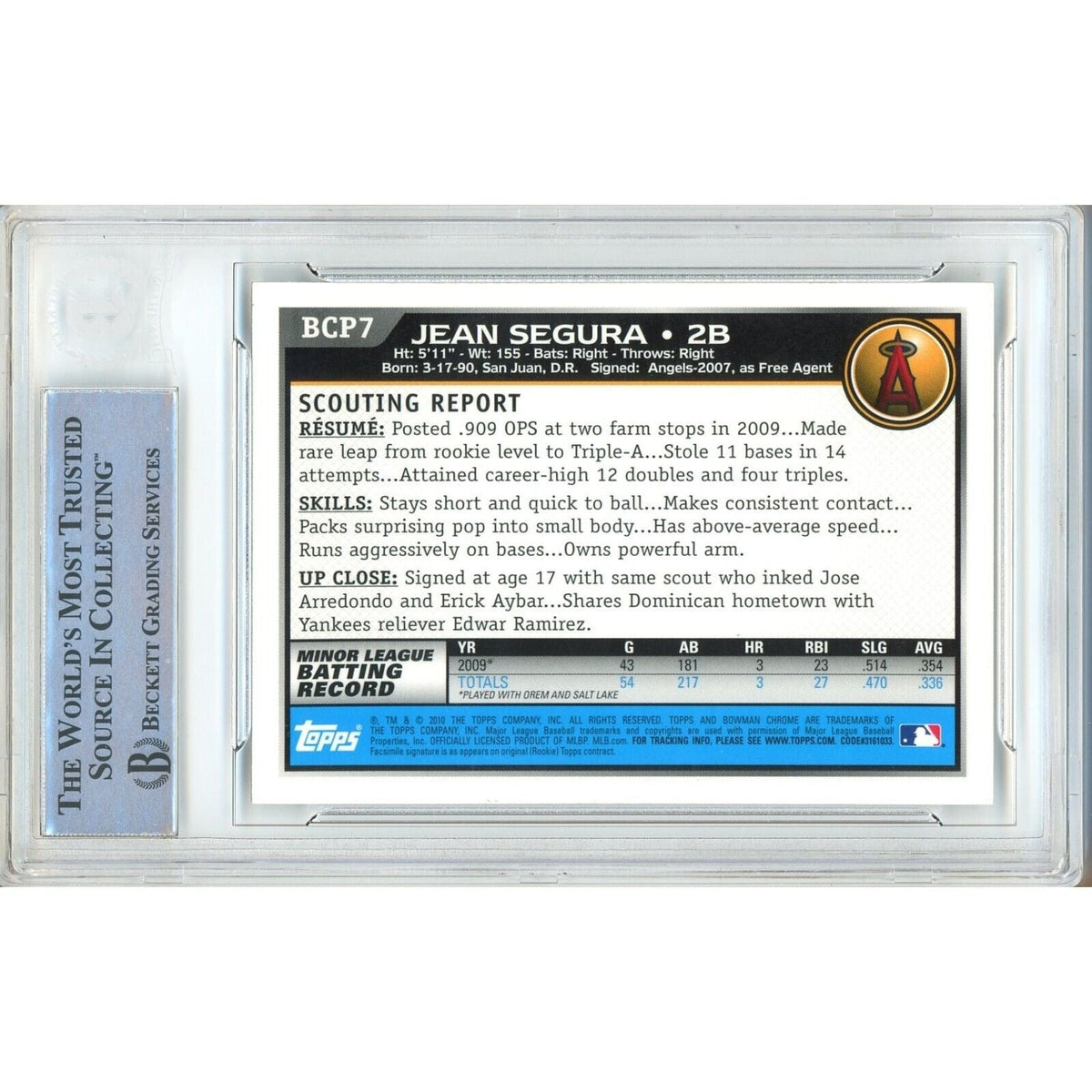 Jean Segura Bowman Chrome Prospects Signed Trading Card Beckett BAS