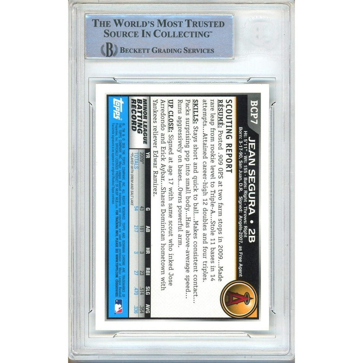 Jean Segura Bowman Chrome Prospects Autograph Trading Card Beckett BAS