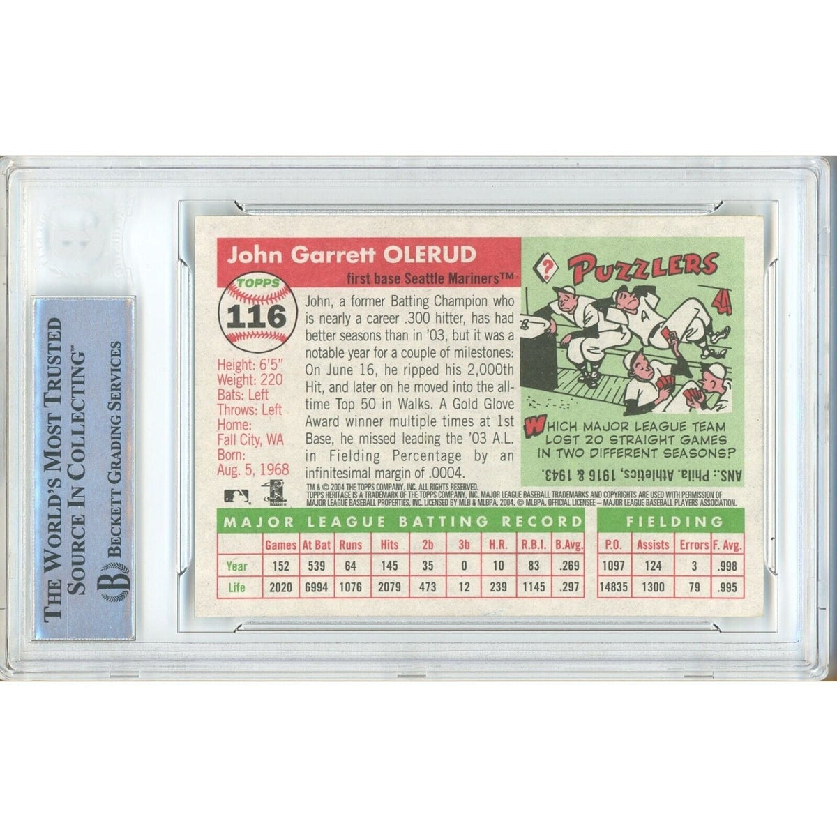 John Olerud Seattle Mariners Autographed Autograph Trading Card Beckett BAS