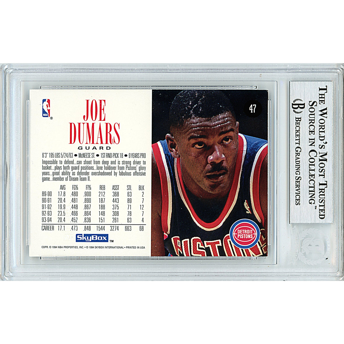 Joe Dumars Autographed Trading Card Signed Beckett BGS