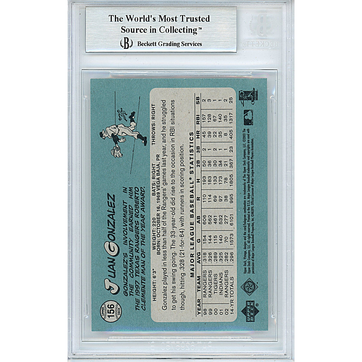 Juan Gonzalez Upper Deck Vintage Autograph Trading Card Beckett BGS