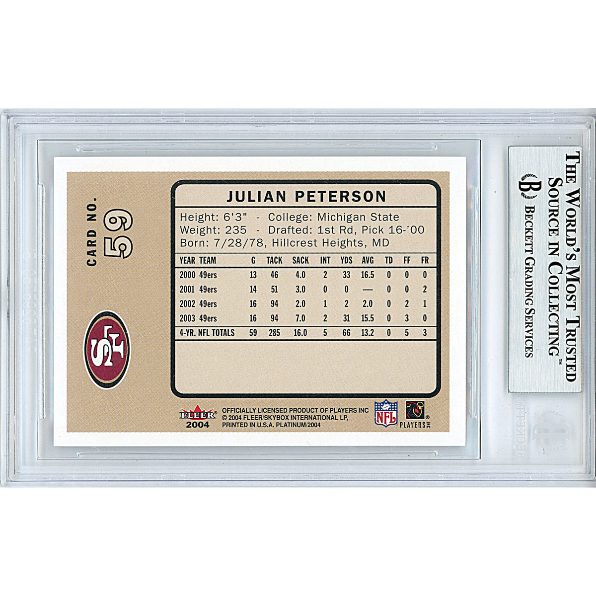Julian Peterson Fleer Platinum Signed Trading Card Beckett BGS