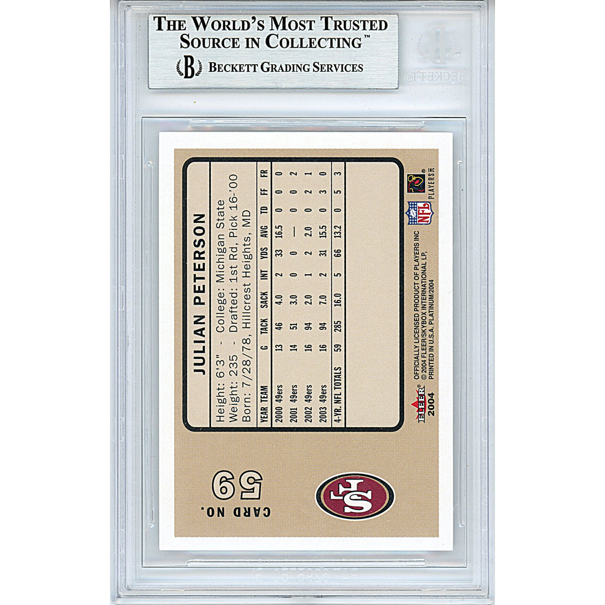 Julian Peterson Fleer Platinum Autograph Trading Card Beckett BGS