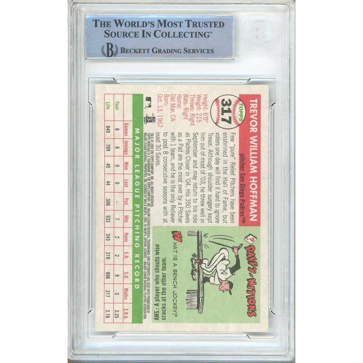 Trevor Hoffman San Diego Padres Auto Trading Card Beckett BGS