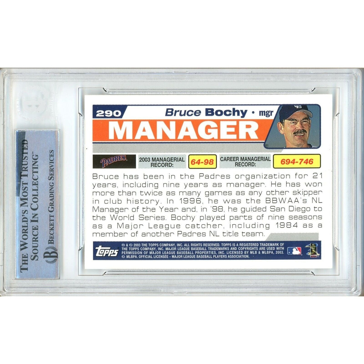 Bruce Bochy San Diego Padres Signed Trading Card Beckett BAS
