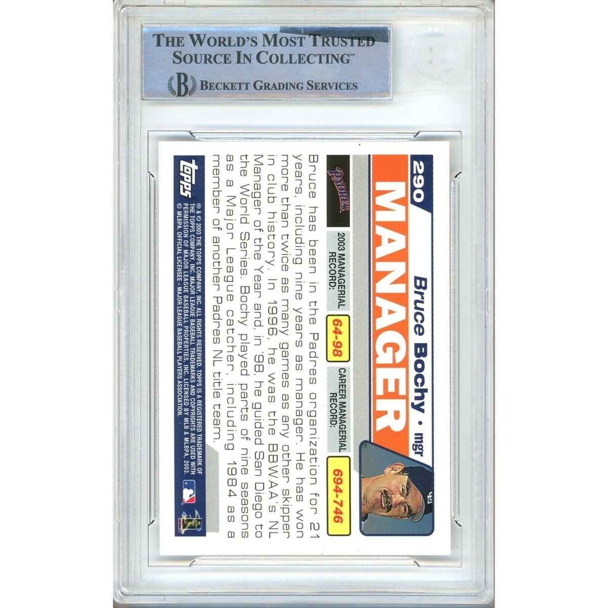 Bruce Bochy San Diego Padres Autograph Trading Card Beckett BAS