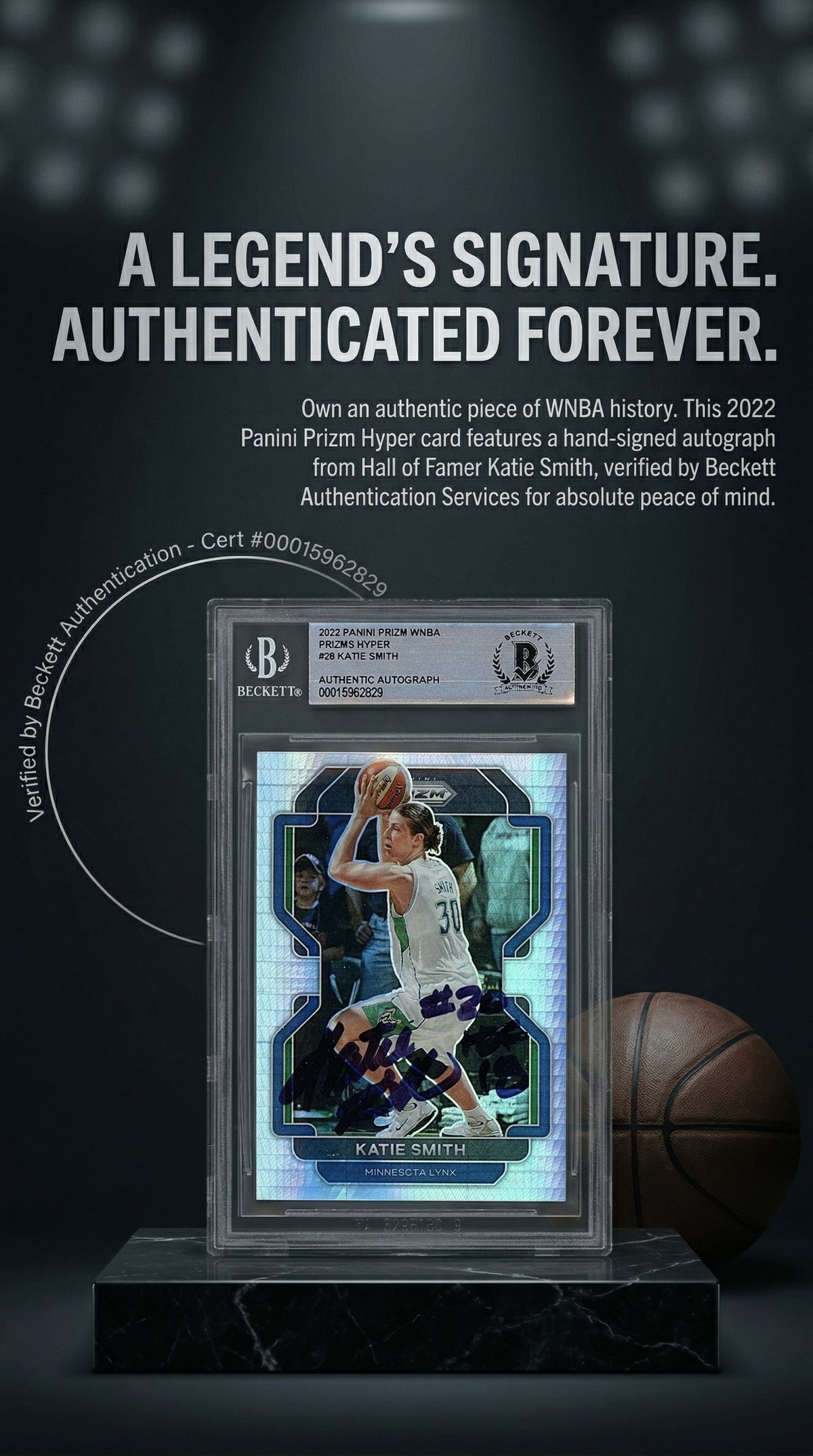 Katie Smith Autographed 2022 Panini Prizm WNBA Prizms Hyper # 28 - Minnesota Lynx - Beckett Authentication
