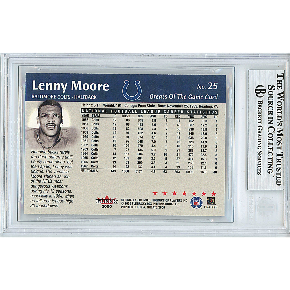 Lenny Moore Fleer Greats Signed Trading Card Beckett BGS