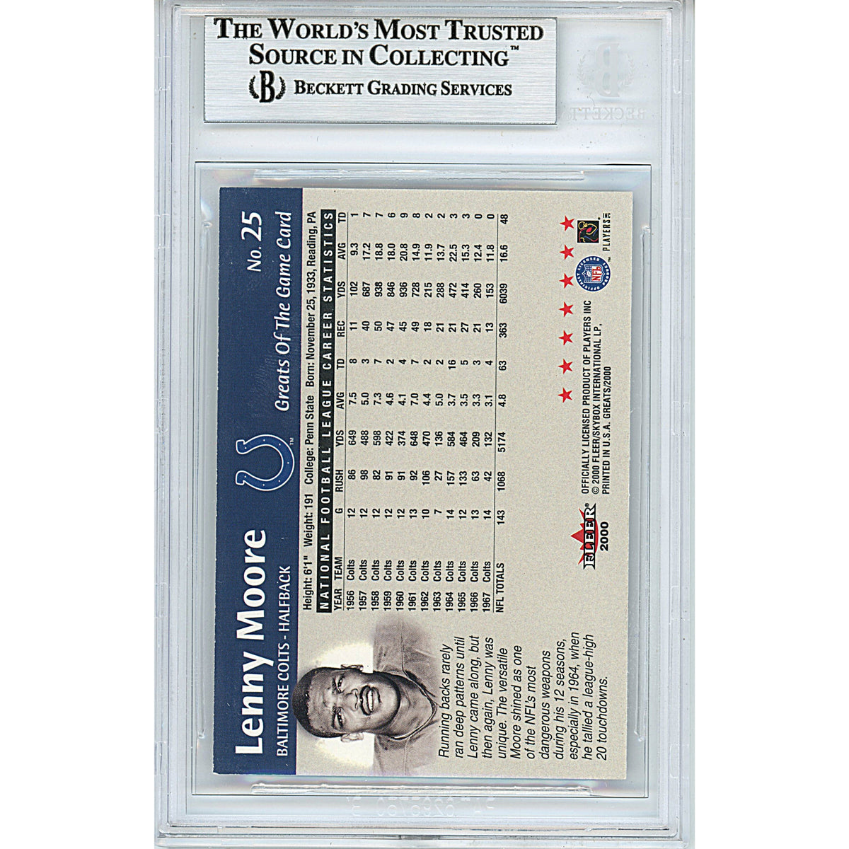 Lenny Moore Fleer Greats Autograph Trading Card Beckett BGS