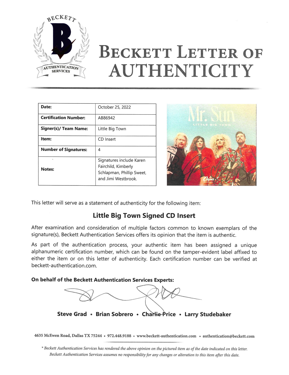 Little Big Town Autographed Mr Auto Trading Card Beckett BAS
