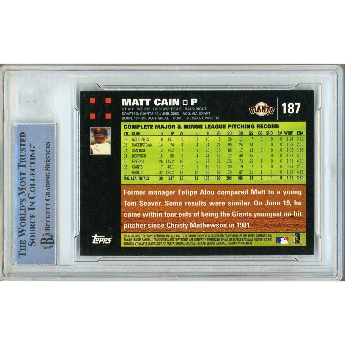 Matt Cain San Francisco Giants Signed Trading Card Beckett BAS