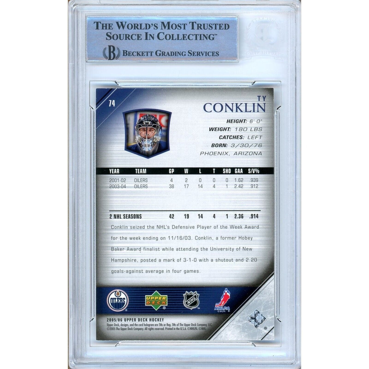 Ty Conklin Edmonton Oilers Signed Autograph Trading Card Beckett BAS