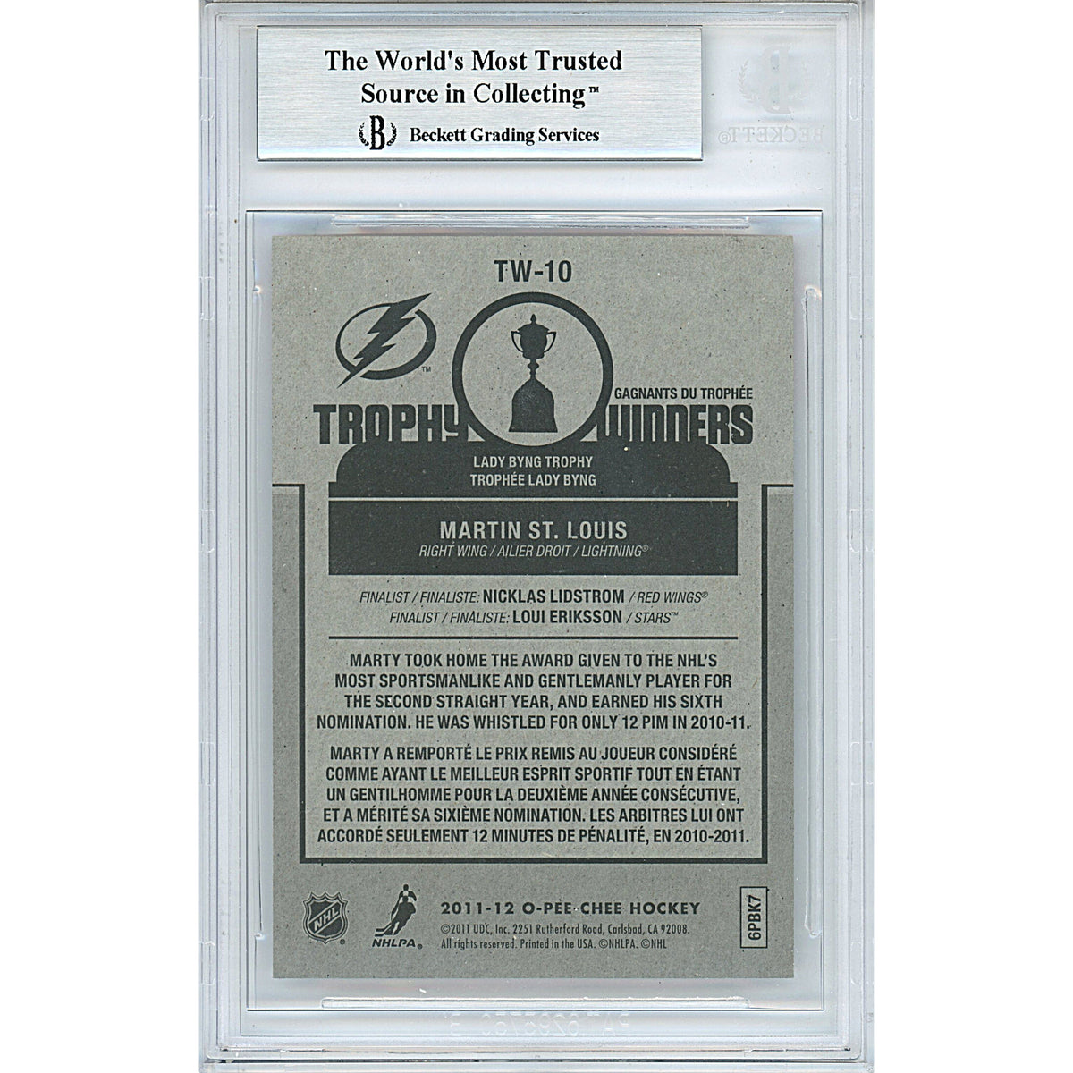 Martin St Louis Signed Tampa Trading Card Beckett BAS