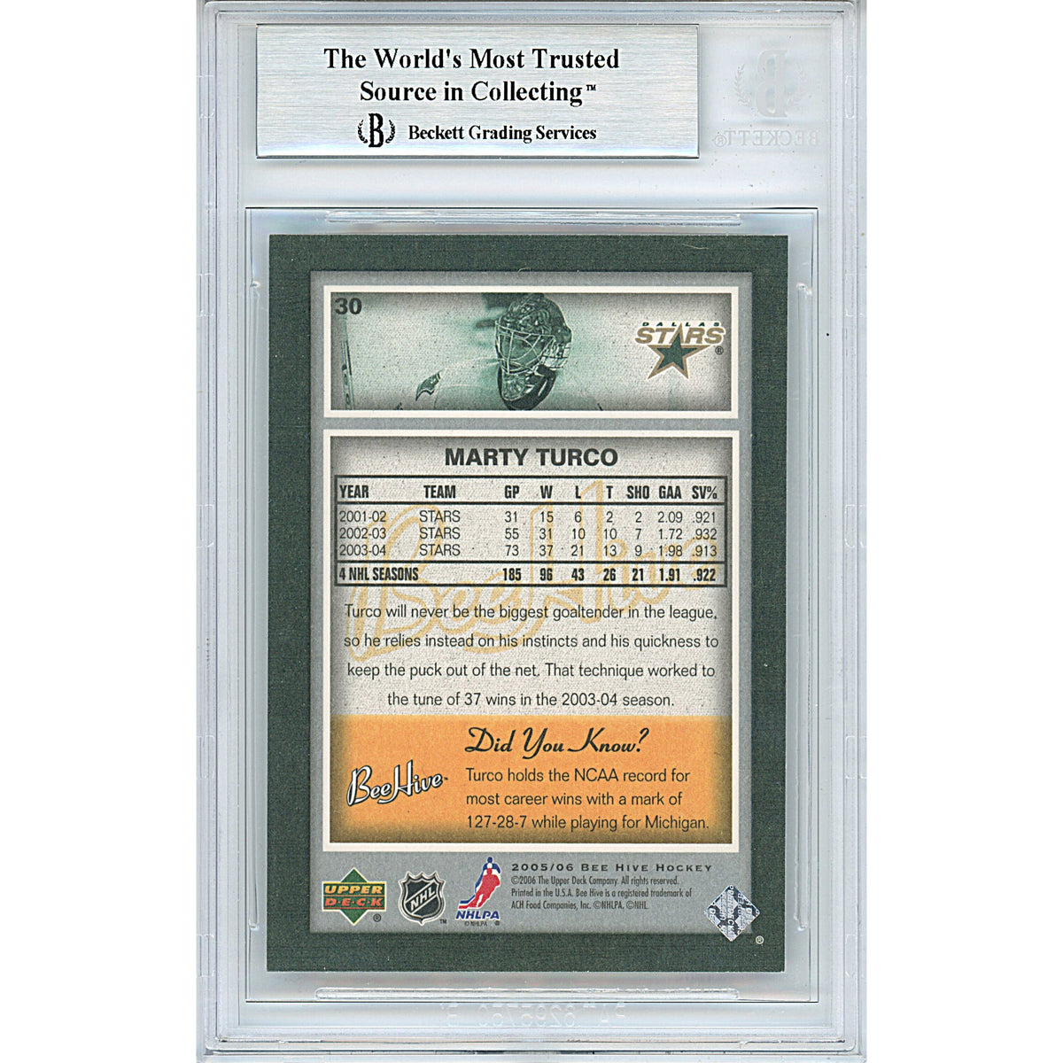 Marty Turco Signed Dallas Stars Trading Card Beckett BGS