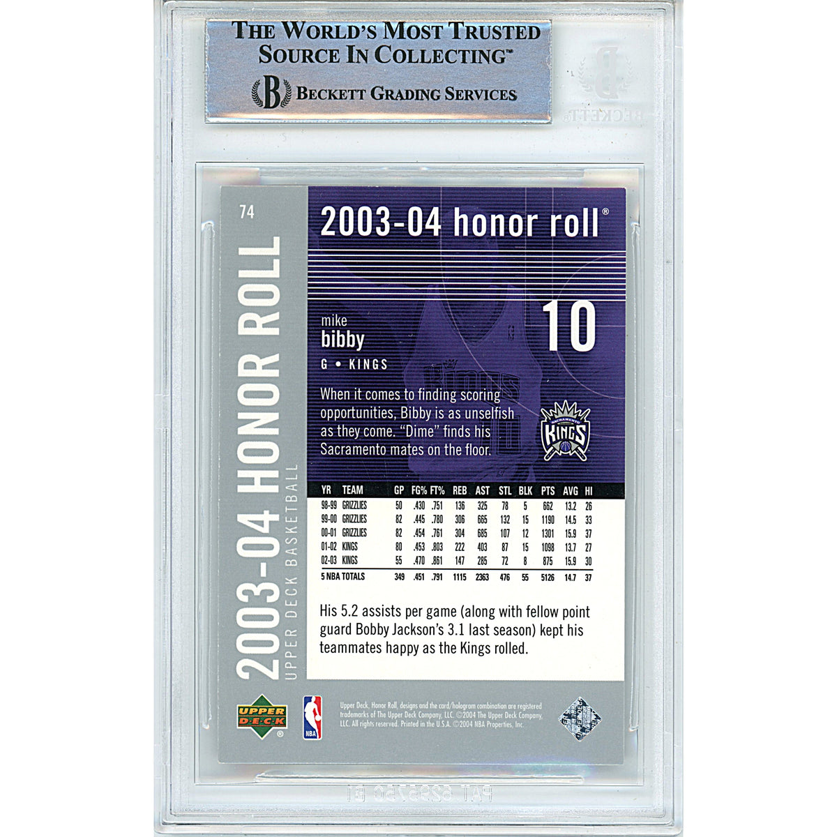 Mike Bibby Signed Sacramento Kings Trading Card Beckett BGS