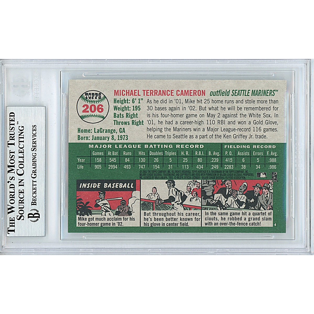 Mike Cameron Signed Seattle Mariners Trading Card Beckett BGS