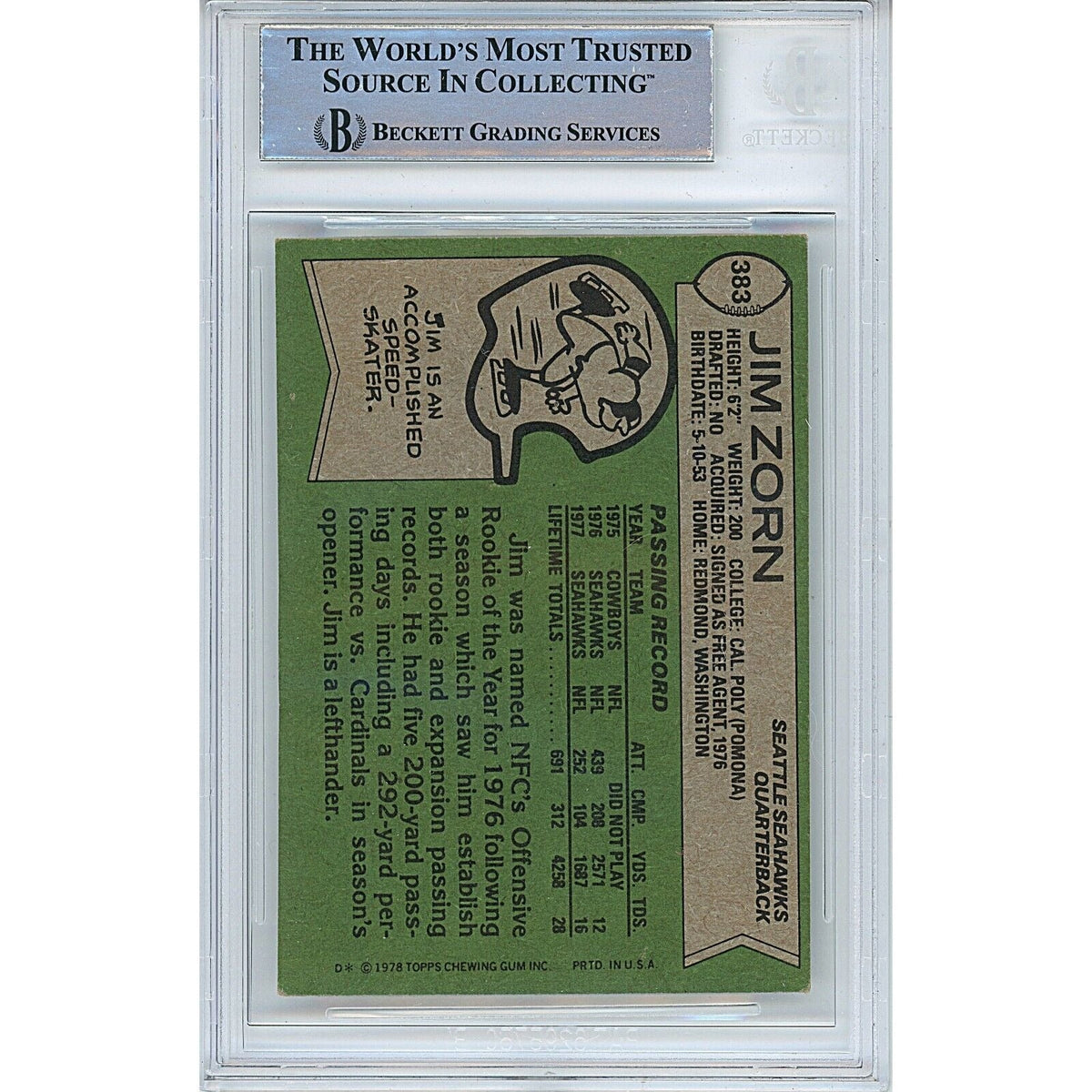 Jim Zorn Seattle Seahawks Autographed Autograph Trading Card Beckett BAS