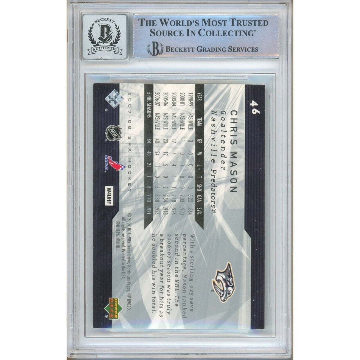 Chris Mason Upper Deck Auto Trading Card Beckett BGS
