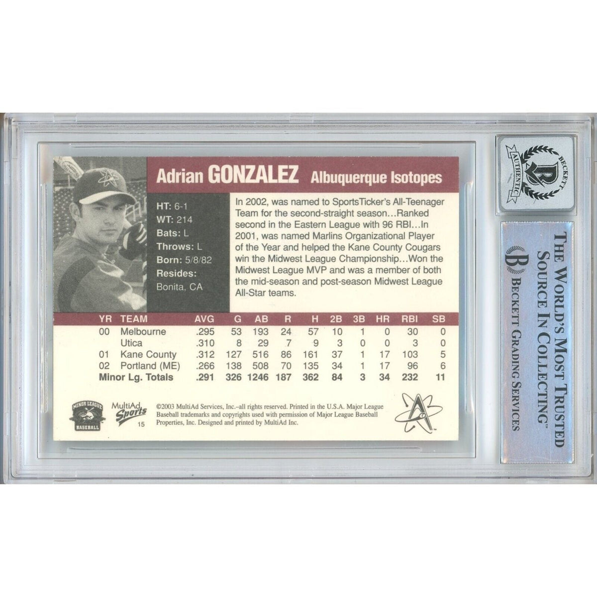 Adrian Gonzalez Top Prospects Autograph Trading Card Beckett BAS