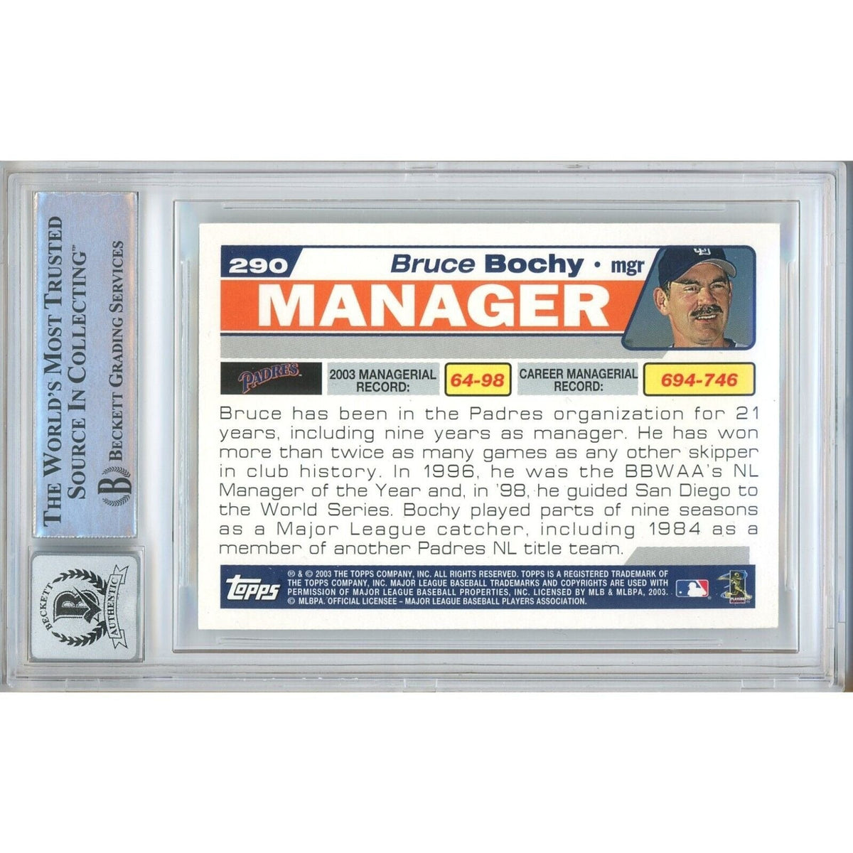 Bruce Bochy San Diego Padres Signed Trading Card Beckett BAS