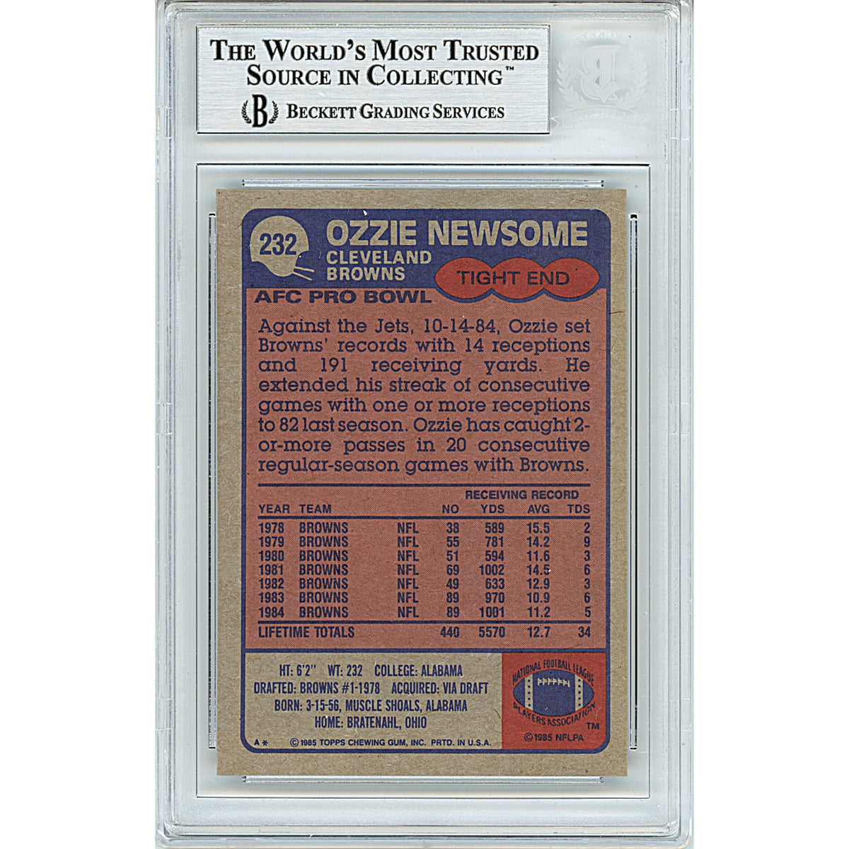 Ozzie Newsome Signed Cleveland Browns Autograph Trading Card Beckett BGS