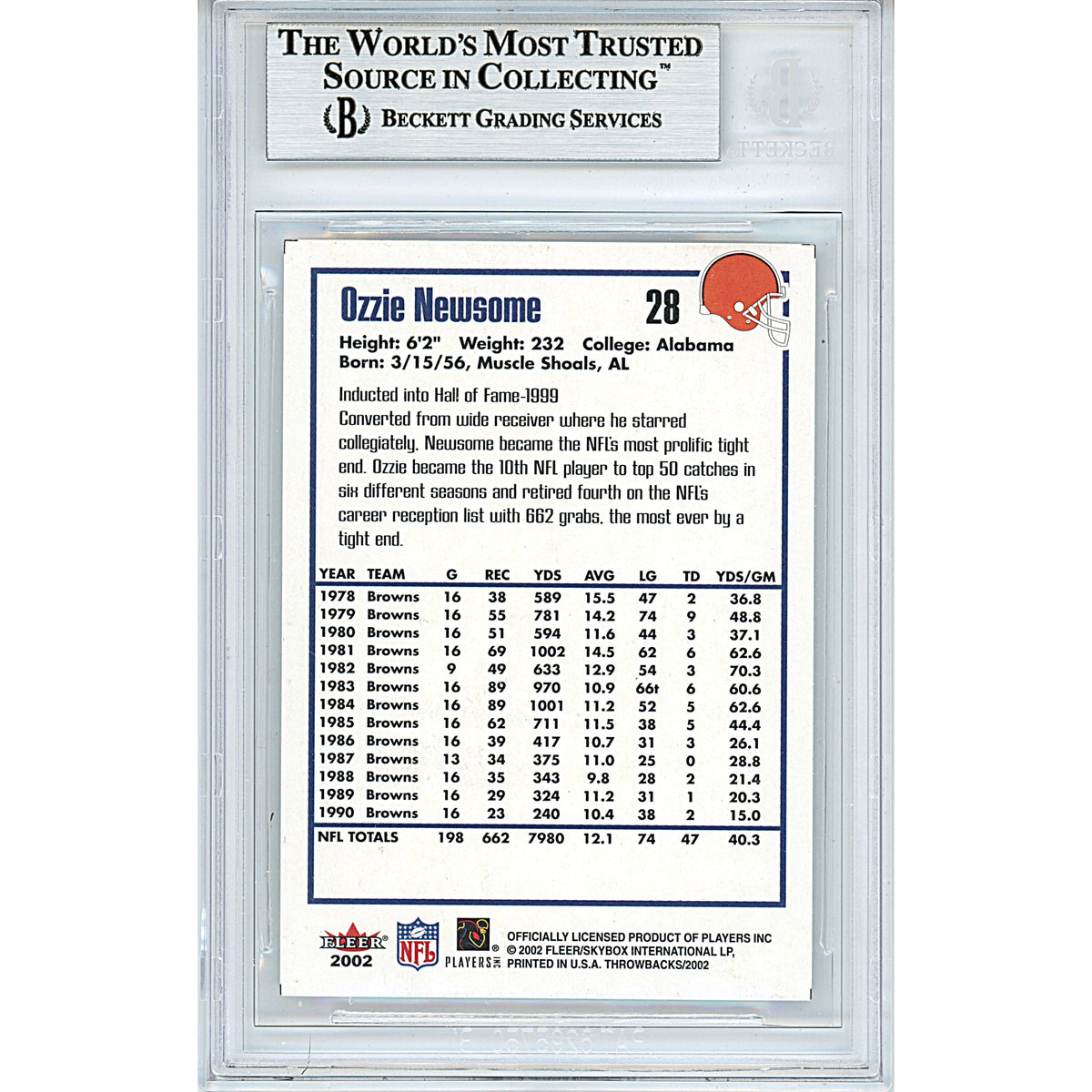 Ozzie Newsome Signed Cleveland Browns Trading Card Beckett BGS