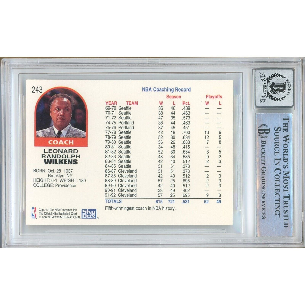 Lenny Wilkens Cleveland Cavaliers Autographed Signed Trading Card Beckett BGS