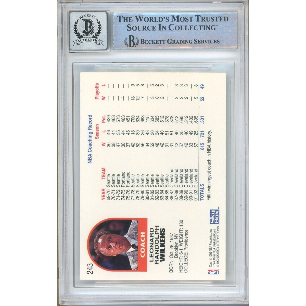 Lenny Wilkens Cleveland Cavaliers Autographed Autograph Trading Card Beckett BGS