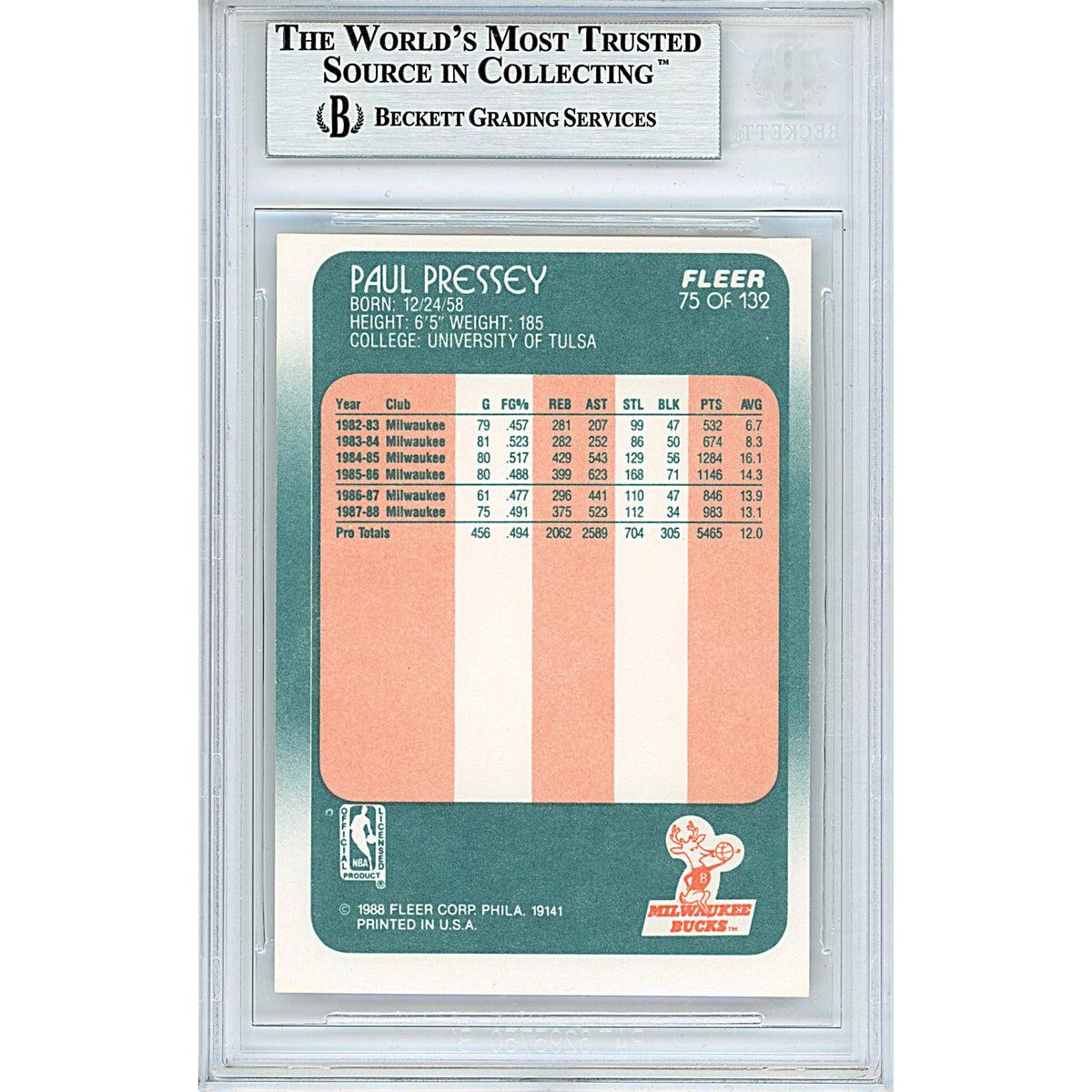Paul Pressey Signed Milwaukee Bucks Trading Card Beckett BGS